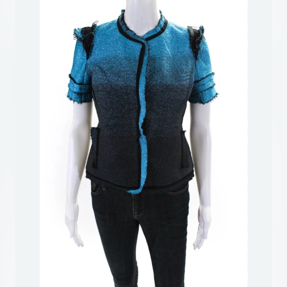 Zac Posen blue metallic ombre short sleeve fringe jacket Size 10